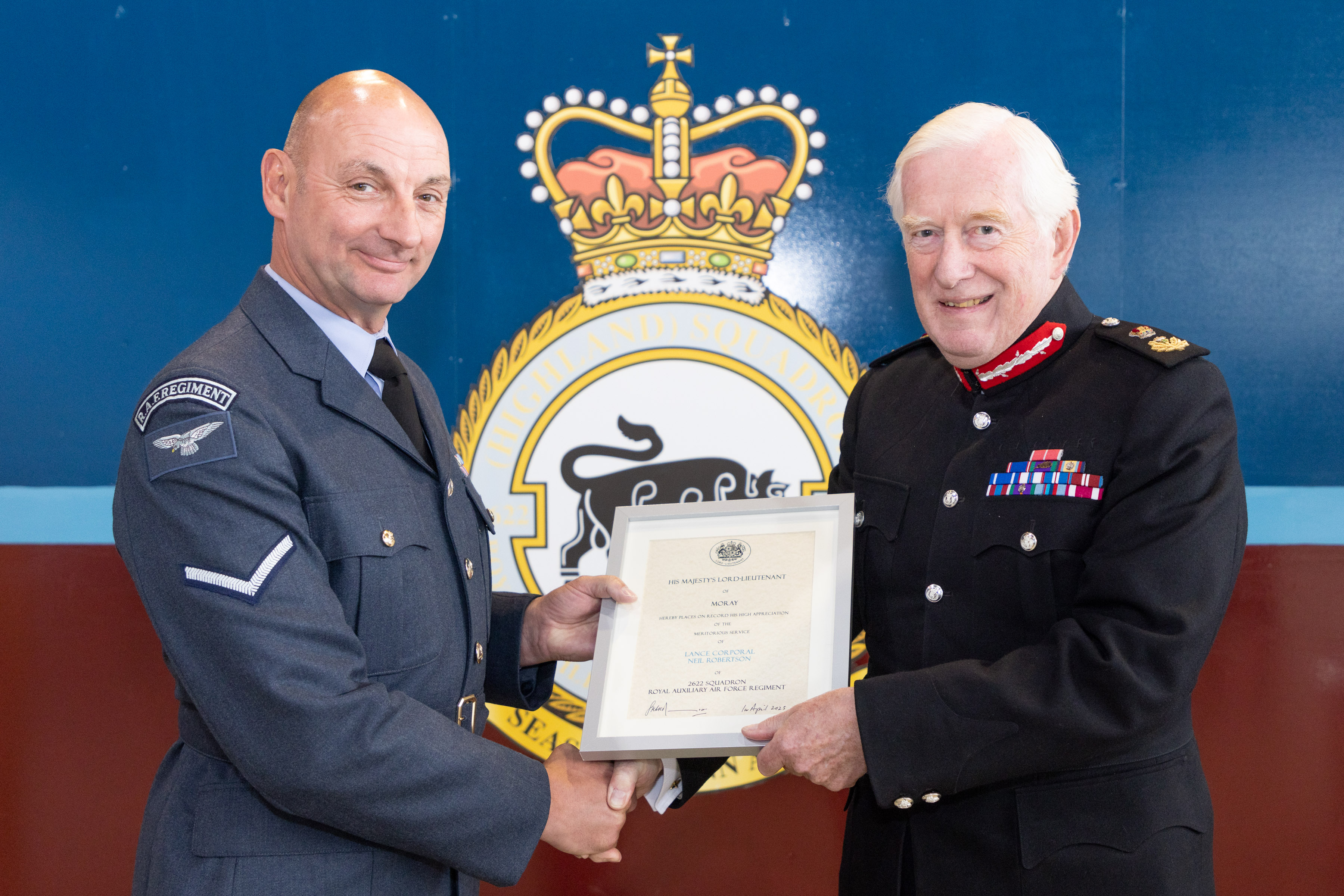 Lance Corporal Neil Robertson and the Lord Lt of Moray.